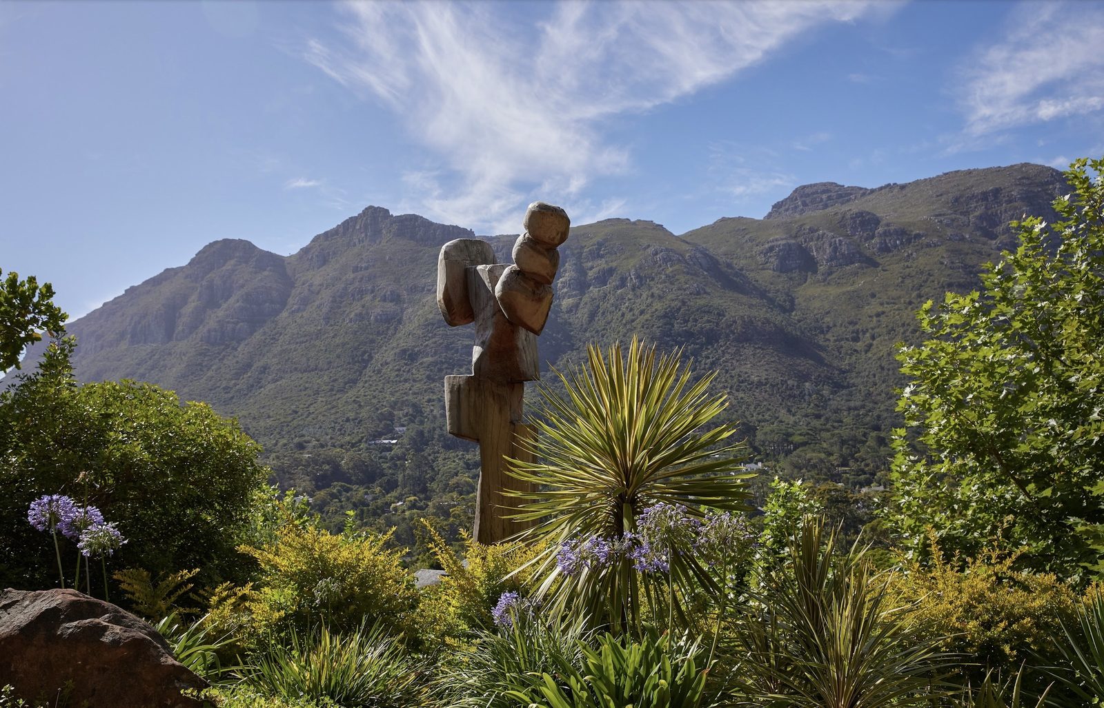 Carved timber sculpture in the garden among agapanthus and a spiky yucca, with the mountains rising behind