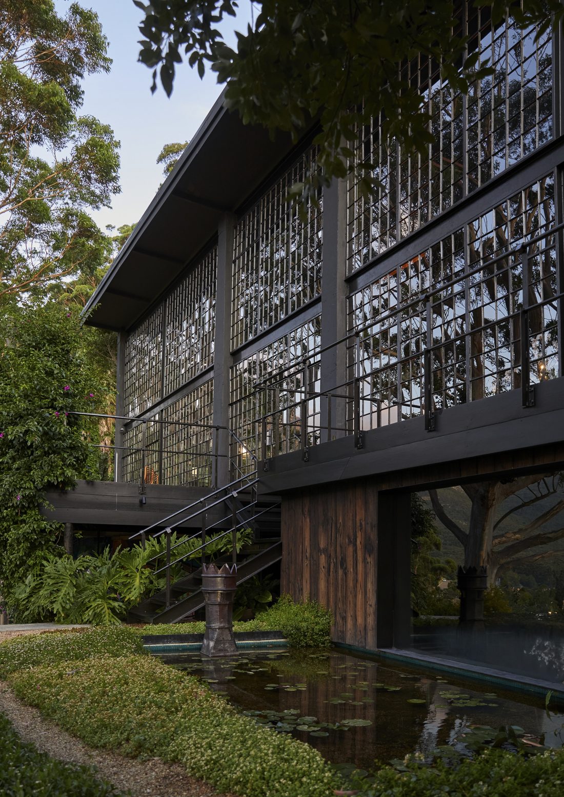 Dusk view of the dark timber house with its glass wall, a lily pond and lush garden in the foreground